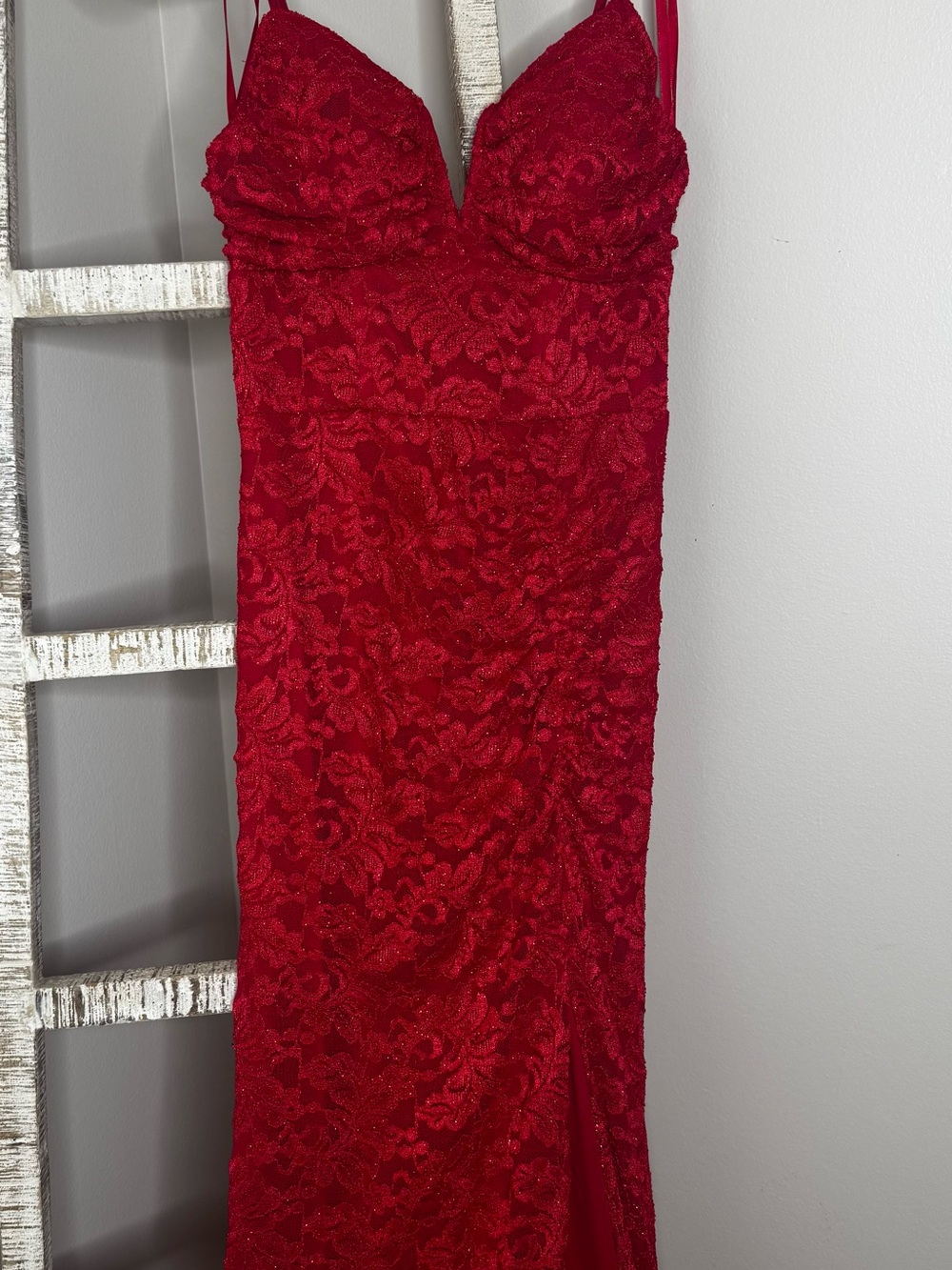 David's Bridal Red Lace Evening Gown